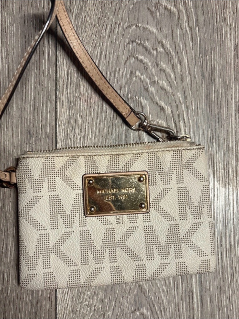 Michael Kors Cream Beige Logo Wristlet with Gold Plate